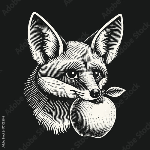 Fox with Apple Engraving Illustration on Black Background.