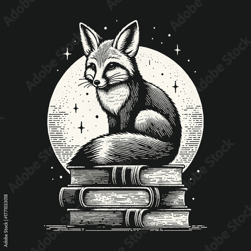 Wise Fox Perched Atop Stack of Books Under Moon.