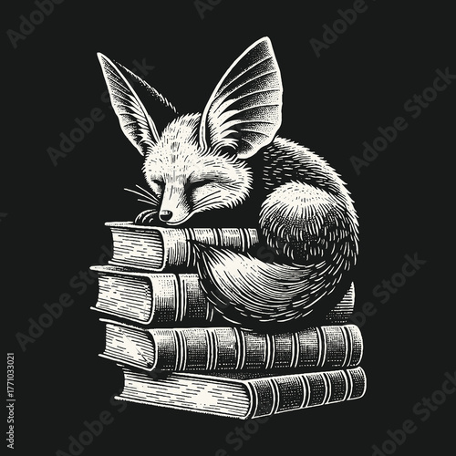 Sleeping Fennec Fox on Stack of Books Illustration.