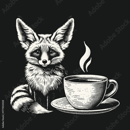 Fennec Fox and Coffee Cup Illustration on Black Background.
