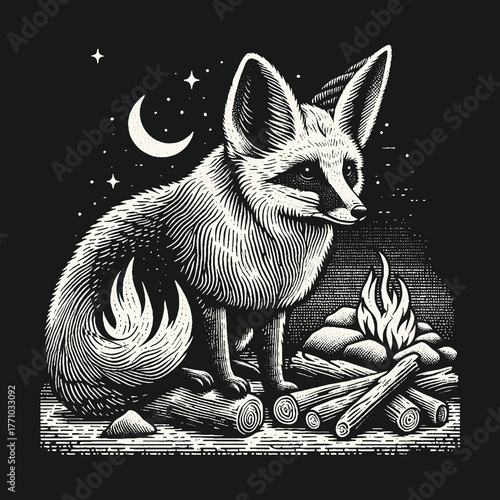 Fennec Fox Campfire Under the Stars Night Scene.