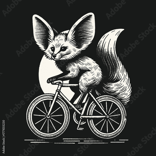 Fennec Fox Cycling Bicycle Illustration Black and White.