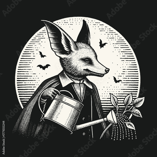 Elegant Fox in Formal Attire Watering Plants in Moonlight.