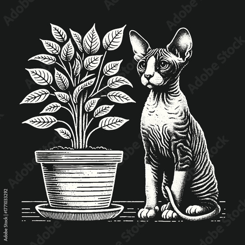 Sphynx Cat and Potted Plant Monochrome Illustration.