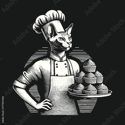 Chef Cat Holding Cupcakes Ready For Dessert.