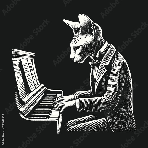 Elegant Cat Pianist Playing Music on a Grand Piano.