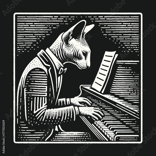 Elegant Cat Musician Playing Piano in Monochrome Style.