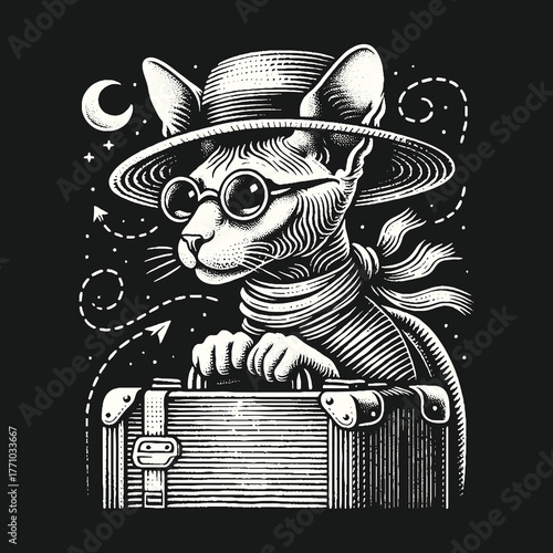 Sphynx Cat with Glasses and Hat Holding a Suitcase.