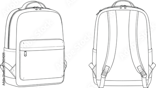Backpack, technical drawing, flat sketch, vector illustration, CAD design, fashion accessory, outdoor gear, travel bag, zipper pocket, side pocket, padded straps