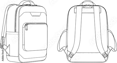 Backpack, technical drawing, flat sketch, vector illustration, CAD design, fashion accessory, outdoor gear, travel bag, zipper pocket, padded straps, side pockets