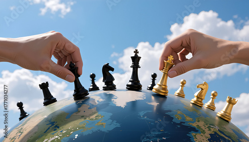 Two hands are moving chess pieces on a globe, symbolizing worldwide business or political maneuvering