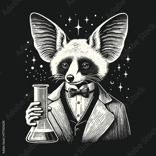 Elegant Fennec Fox Scientist Holding Flask in Black and White.