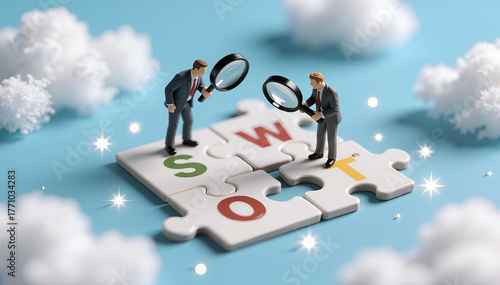 Two businessmen are standing on jigsaw puzzle pieces spelling out SWOT while using magnifying glasses to examine them closely