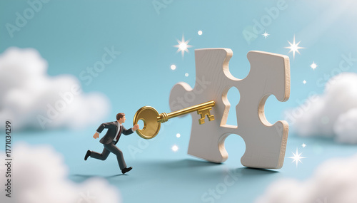 A businessman is running towards a large, white jigsaw puzzle piece holding a golden key