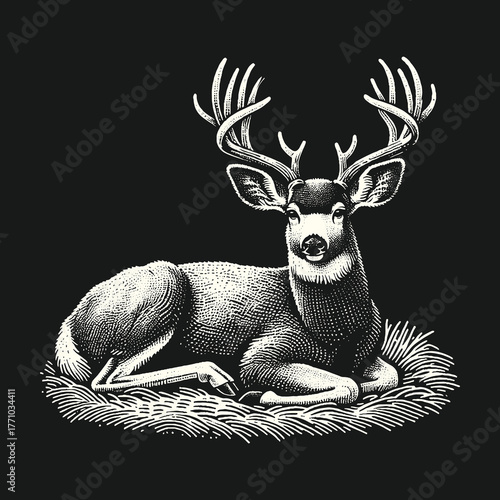 Majestic Deer Resting in a Bed of Grass Black and White Illustration.