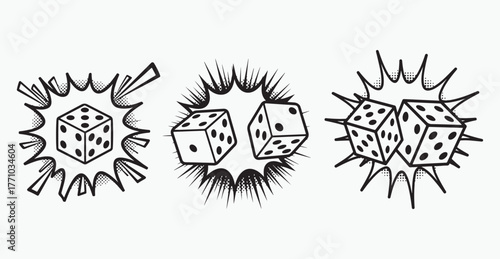Dice pop art vector graphic with halftone pattern and outline