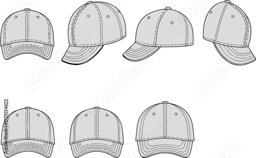 Baseball cap eight angle views, front, side, back and rear perspectives, stitching variations, curved brim, cad drawing flat vector illustration