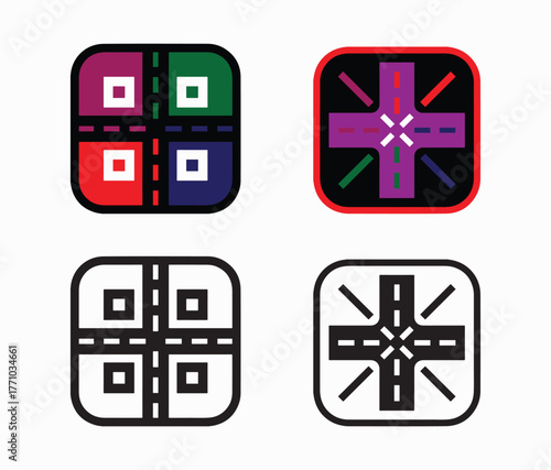 Four variations of a transportation intersection or road junction icon set