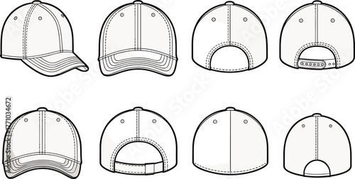 Baseball cap eight perspective views, front, side, back and rear angles, stitching and strap variations, curved brim, cad drawing flat vector illustration