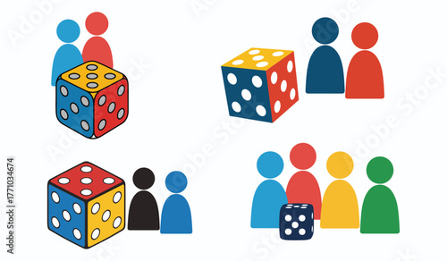 Group of people playing a game with colorful dice vector illustration