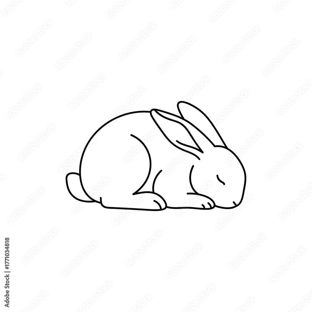 Fototapeta premium Sleeping Rabbit Line Art. Simple Black and White Vector Illustration of a Cute Bunny Resting, Relaxation, and Peaceful Animal.