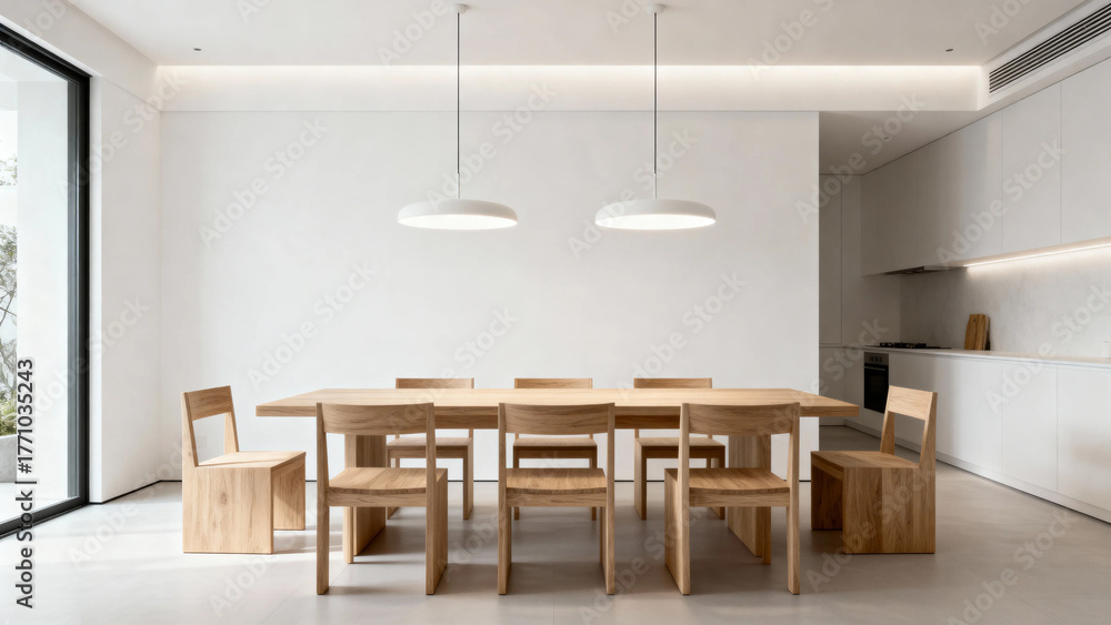 Fototapeta premium Modern minimalist dining area with wooden table and chairs in a bright, open-plan interior