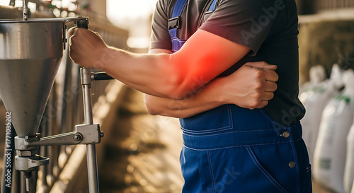 Worker suffering from acute elbow pain in an agricultural or industrial setting, highlighting work-related injury, strain, or musculoskeletal disco...