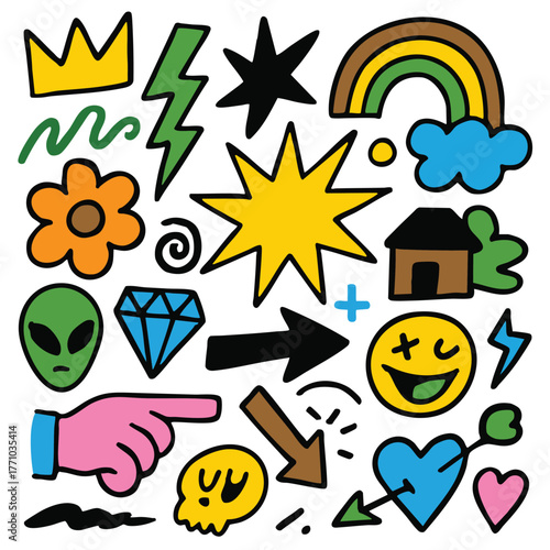 Colorful doodle icons including crown lightning rainbow flower star house alien diamond arrow