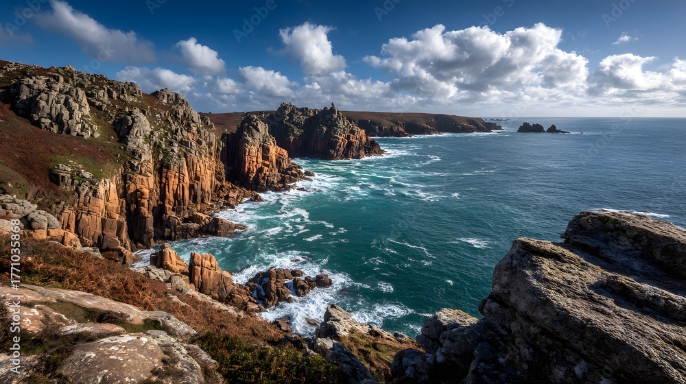 Fototapeta premium Rugged coastal cliffs meet deep blue ocean waters under a dramatic cloudy sky