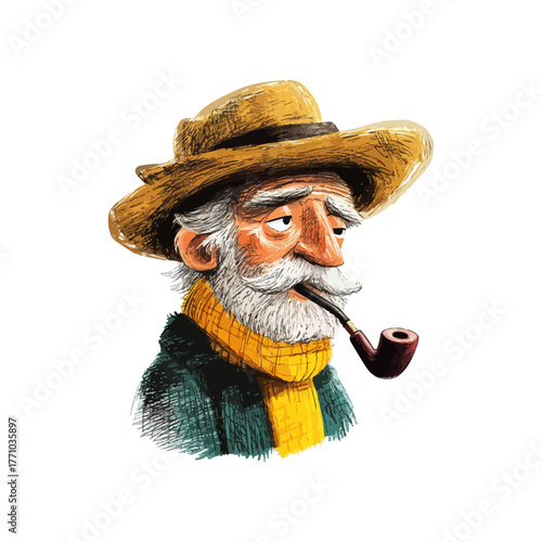 old man with smooking pipe drawn vector illustration