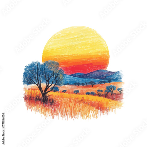 outback sunset hand drawn vector illustration