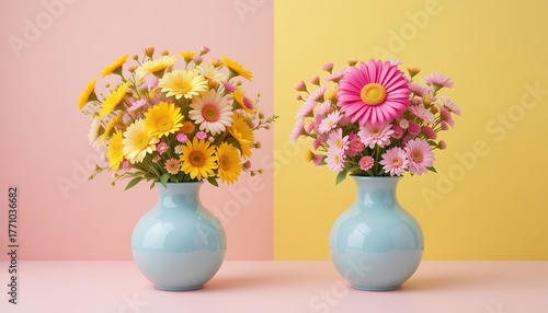 Wallpaper Mural Bright and cheerful bouquets of fresh daisies arranged in ceramic blue vases on pastel backgrounds Torontodigital.ca