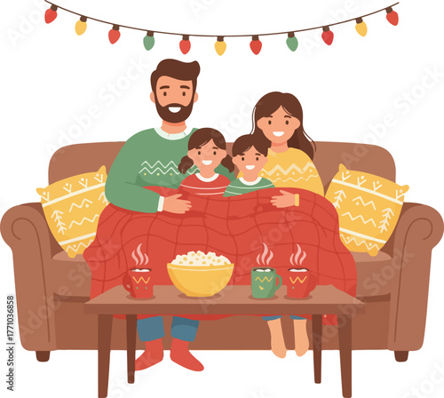 Cozy Family Winter Evening at Home, Snuggled on Sofa with Popcorn and Hot Drinks During the Holiday Season.