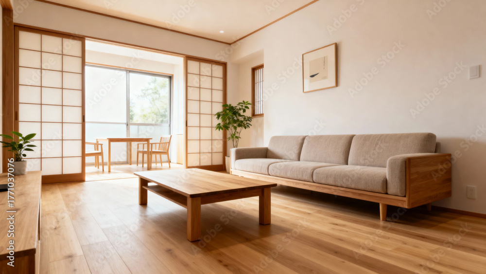 Fototapeta premium Minimalist living room with wooden furniture, shoji screens, and natural light