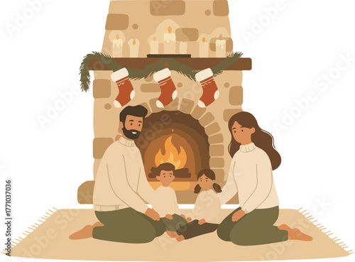 Cozy Family Christmas by the Fireplace Parents and Children Enjoying Winter Holiday Cheer at Home with Festive Decorations