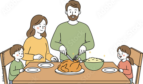 Happy Family Dinner Gathering Father Carving Roast Chicken or Turkey with Parents and Children Enjoying a Festive Meal Together, Home Celebration