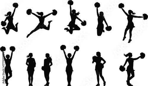 Cheerleader silhouette poses, pom-pom dancers, energetic movement, sports spirit, black vector icons, dance routine, athletic figures, team celebration, minimal design, cheerleading graphic