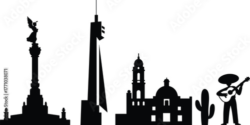 Mexico silhouette illustration, cultural landmark vector, Angel of Independence, sombrero musician, cactus symbol, colonial church, modern building, black and white design