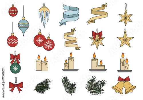 Festive Christmas Ornaments and Decorations Vector Illustration