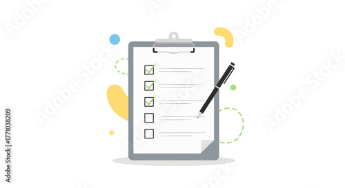 Illustration of a modern clipboard with a completed checklist and pen, symbolizing effective task management, successful project planning, and goal achievement in business productivity