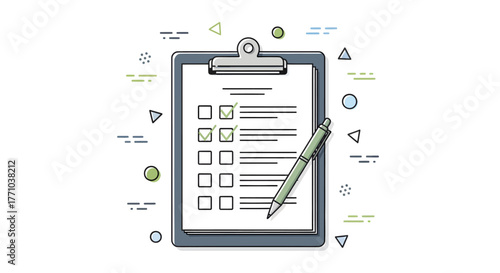 Vector icon of a clipboard with a survey form and a pen, illustrating task management, planning, and successful completion of goals