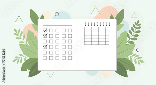 Flat vector illustration of an open daily planner with a checklist and calendar for organizing tasks, managing schedules, and tracking personal goals