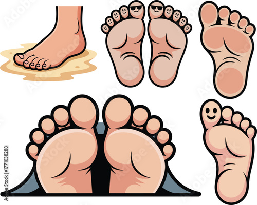 Toes cartoon funny human feet characters with happy playful expressions