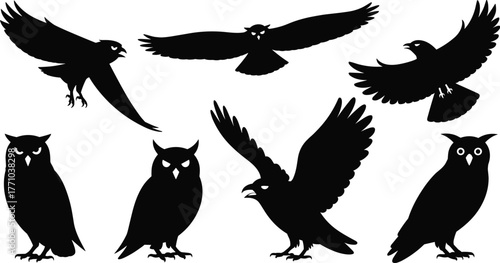 Owl silhouette illustration set, flying and perched bird vector, black and white design, ear tuft detail, nocturnal wildlife pose pack