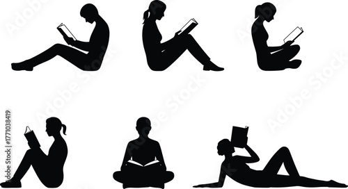 Reading silhouette illustration, seated poses, book lovers, black and white art, leisure activity, relaxation, study time, quiet moment, education, mindfulness