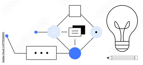 Geometric diagram connected by lines, blue accents, light bulb, pencil. Ideal for creativity, innovation, process, design thinking ideas solutions workflow. Simple flat metaphor