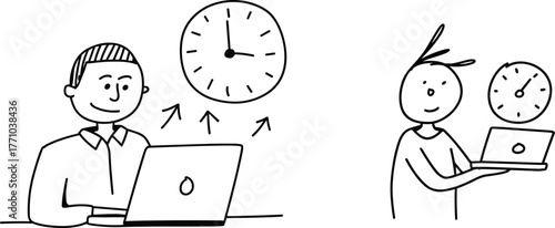 Remote work illustration, laptop users with clocks, time management concept, black and white vector, synchronization, productivity, digital workspace, cartoon style