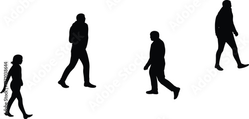 Walking silhouette collection, human motion poses, black vector shapes, casual clothing figures, directional movement icons, gait study illustration, pedestrian posture set