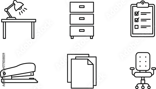 Office supply icons table cabinet clipboard stapler paper and chair