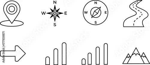 Location compass road arrow signal mountain icons for navigation and travel concepts